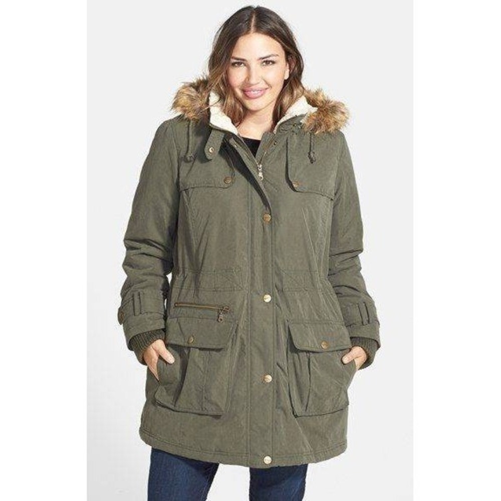 DKNY Parka Coat Womens Medium Olive Green Faux Fur Hood Utility Winter Jacket